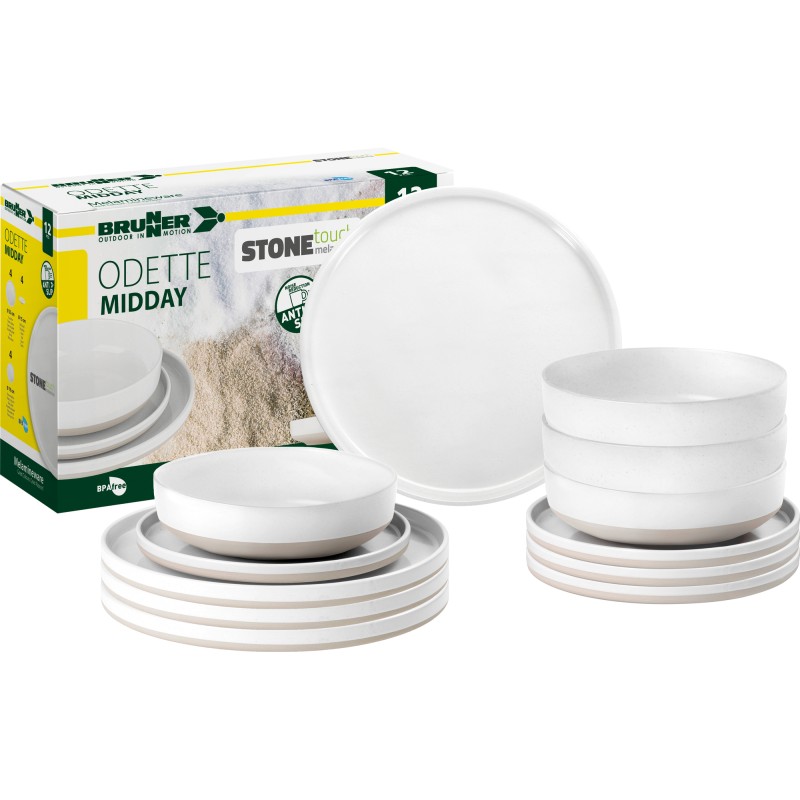 PACK VAISSELLE MIDDAY ODETTE BLANC 12 PIÈCES STONE TOUCH ANTIGLISSE - BRUNNER