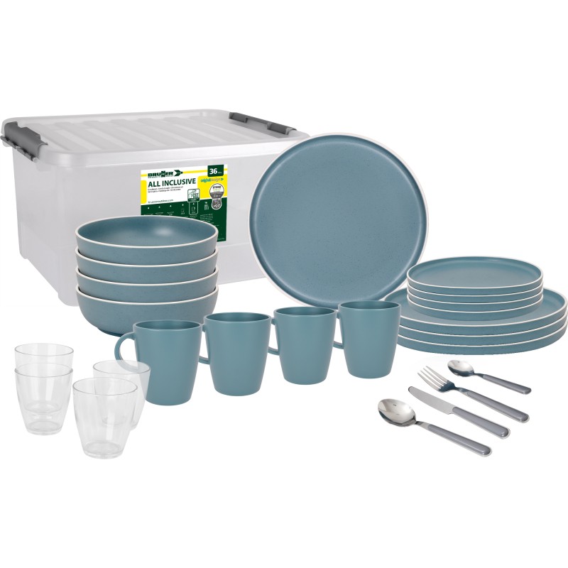 PACK VAISSELLE ALL INCLUSIVE DANS BOX DOLOMIT BLEU 36 PIÈCES STONE TOUCH ANTIGLISSE - BRUNNER